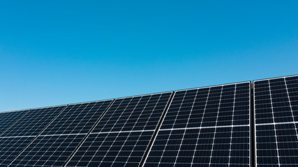Obraz premium Background of photovoltaic modules for renewable energy. Huge solar panels with clear blue sky.
