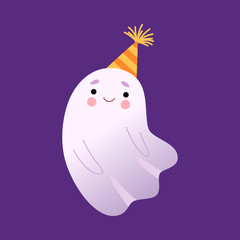 White Little Ghost in Party Hat, Cute Halloween Spooky Character Vector Illustration