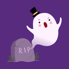 White Little Ghost Flying From Under Gravestone, Cute Halloween Spooky Character Vector Illustration