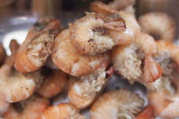 Close up of fried shrimp, stacks of shrimp prawn
