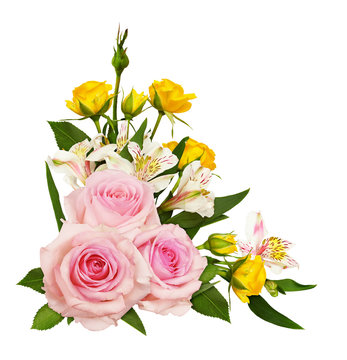 Pink And Yellow Roses And Alstroemeria Flowers In A Corner Arrangement