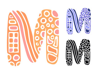 Alphabet letter M. Kids education poster or stickers. Childish logo in mosaic style. Cute vector letters in color and monochrome isolated on white. Birthday holiday decoration.