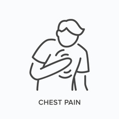 Heartbrake line icon. Vector outline illustration showing person with pain in the chest. Image illustrate heartburn