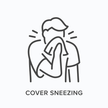 Sneezing person line icon. Vector outline illustration of man with handkerchief. Sick boy with tissue
