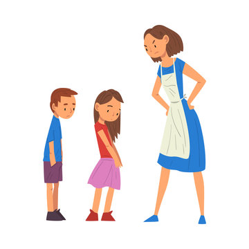 Angry Mother Scolding Her Naughty Son and Daughter, Relationships Between Kids and Parents Vector Illustration