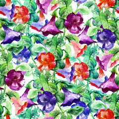 Petunia Seamless Pattern. Watercolor Background.