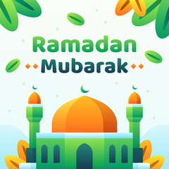Ramadan Mubarak Text with Mosque and Plants Background
