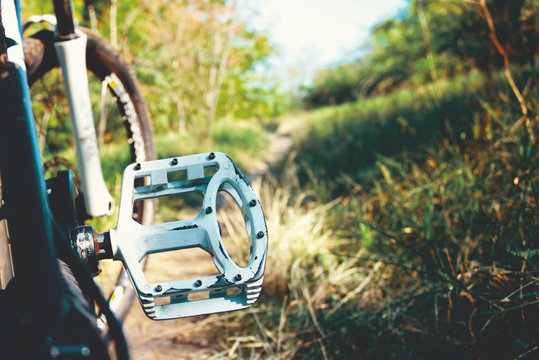 Part of a mountain bike close-up on a blurred background