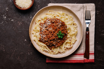 Tagliatelle pasta with bolognese sauce. Traditional italian food