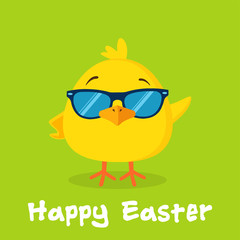 Smiling Yellow Chick Cartoon Character With Sunglasses Waving For Greeting. Vector Illustration Flat Design With Background And Text Happy Easter