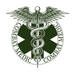 Fototapeta na wymiar Combat medic emblem. Vector illustration of star of life with Caduceus symbol in engraving technique. Isolated on white background.