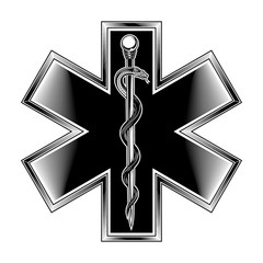 The star of life with rod of Asclepius emblem. Vector illustration in engraving technique. Modern symbol of medicine, emergency medical services, paramedics, technicians. Isolated on white.