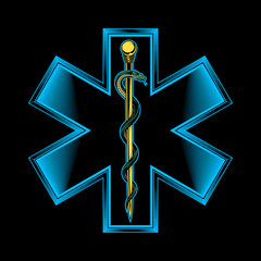 The star of life with rod of Asclepius emblem. Vector illustration in engraving technique. Modern symbol of medicine, emergency medical services, paramedics, technicians. Isolated on white.