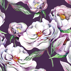 White Peonies Seamless Pattern. Watercolor Background.
