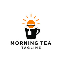 tea logo with sun rise and sea water in modern line outline style vector icon template