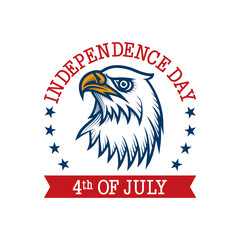 4th of July label design. Vector illustration design of bald eagle in engraving technique. Isolated on white.