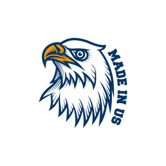 Made in US label design. Vector illustration design of bald eagle in engraving technique. Isolated on white.