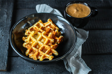 Belgian or american waffles (delicious sweet dish, dessert snack) menu concept. background. top view. copy space for text