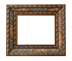 Horizontal frame with bronze or gold ornaments, border and patterns, with soft filling in the frame for text, photos, images or paintings, isolated on a white background