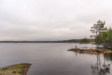 Lake, calm water, forest reflection in the water, cloudsAutumn landscape. Sweden.