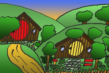 Hobbit Houses in the Green, Digital Art