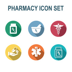 Fototapeta premium Pharmacy and Prescription Icon Set with mortar and pestle, star of life, pills, and caduceus