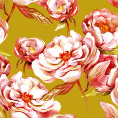 White Peonies Seamless Pattern. Watercolor Background.