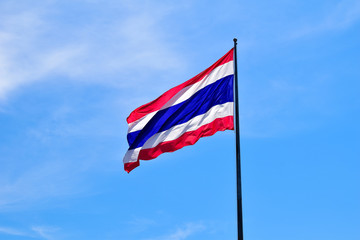 Thailand national flag waving in the wind against to blue sky