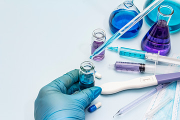 Female hand holds a test tube. Laboratory studies of coronavirus. Worldwide pandemic COVID-19, 2019-nCoV, SARS-CoV-2