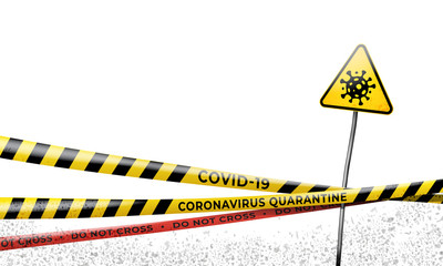 Layout of the quarantine area of coronavirus epidemic covid-19. Coronavirus quarantine warning tapes, sign of viral hazard. Pandemic covid 19. Epidemic barrage lines. Vector template isolated on white