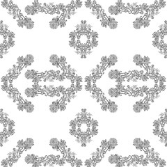 Stylish white  floral kalamkari ornament pattern on black background. Vector surface design for fabric, apparel textile, book, interior, wallpaper