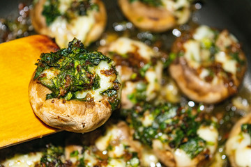 Mushrooms baked with cheese, green onions and dill.. Close up.