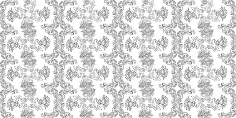 Stylish white  floral kalamkari ornament pattern on black background. Vector surface design for fabric, apparel textile, book, interior, wallpaper