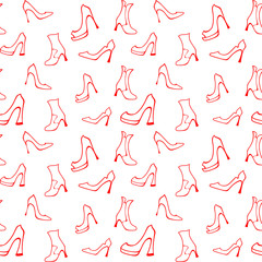 Bright red ladies high heels shoes and half-boots on a white background. Vector seamless pattern for shoe store, shoe factory, printing on packaging, wrapping paper, sales packages, fabric, textile
