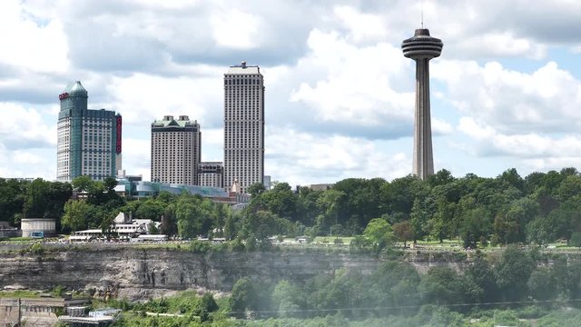 Skylon Tower and Buildings on Canadian Side of Niagara Falls, Panoramic Slow Motion View