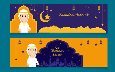 ramadan kareem islamic banner design with Muslim male cartoon characters, vector illustration