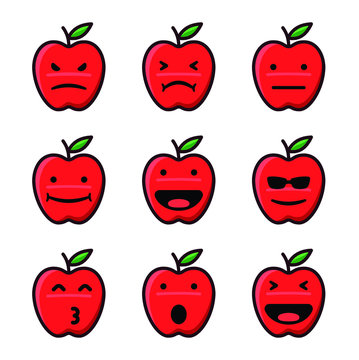 Set of 9 modern flat emoticons: cute cartoon apple with different emotions