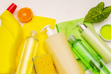 House cleaning product. Spray, bottle, soap, dishwashing sponge, duster, gel air freshener. Home disinfection in quarantine