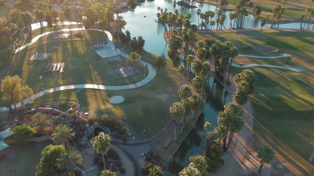 Aerial flying over Encanto Park in Phoenix, Arizona, USA