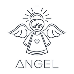 Angel line logo icon. Minimalistic design. Flying angel with halo and wings. Vector illustration isolated on white