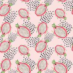 Cute Pitaya seamless pattern pink background. Watercolor pink halves of dragon fruit with seeds repeating wallpaper.
