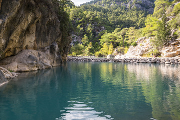 View of turquoise lake in canyon Goynuk