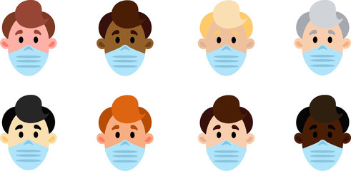 A set of men of different nationalities in medical masks. Vector illustration. People Icon Set