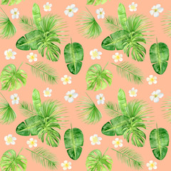 Fototapeta na wymiar Watercolor illustration seamless pattern of tropical leaves and Plumeria flowers. Perfect as background texture, wrapping paper, textile or wallpaper design. Hand drawn