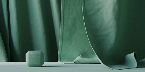 Rolgordijnen Minimal background for branding and product presentation. Green fabric podium and green fabric background. 3d rendering illustration. © 3DJustincase