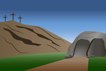 An empty tomb with three crosses in the distance under a blue sky. Vector illustration.