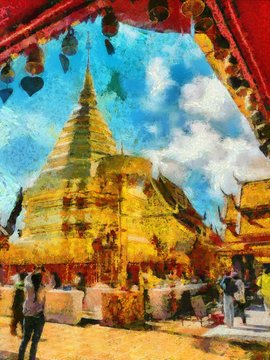 Doi Suthep Temple Chiang Mai Thailand Illustrations creates an impressionist style of painting.