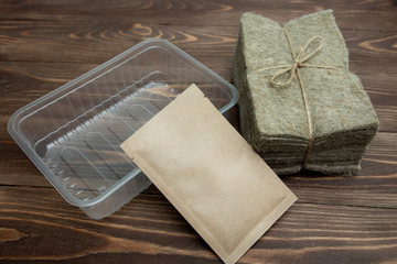 set for hydroponics and planting microgreens. three craft bags, linen mats and plastic containers