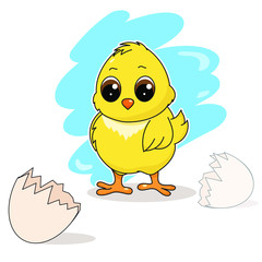 Funny yellow newborn chicken with broken egg shell. Cartoon chicken character. Doodle art