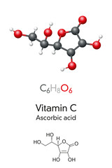 Vitamin C molecule model and chemical formula. Ascorbic acid, ascorbate, skeletal formula and molecular structure. Vitamin found in various foods and sold as a dietary supplement. Illustration. Vector